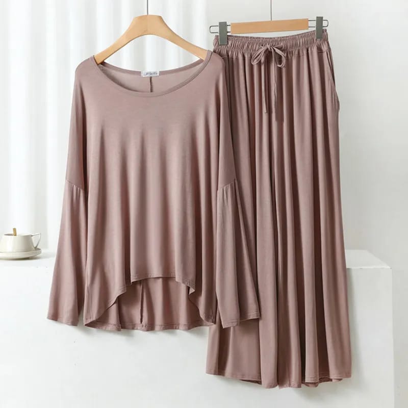 Plain Skin Round Neck Frill Sleeves Night Wear