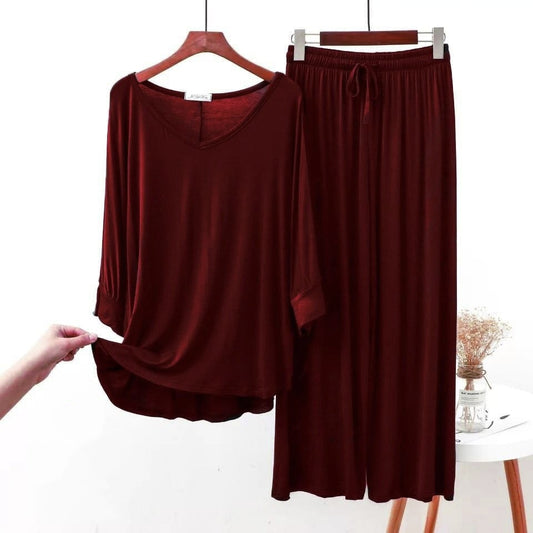 Plain Mehroon V Neck Full Sleeves Night Wear