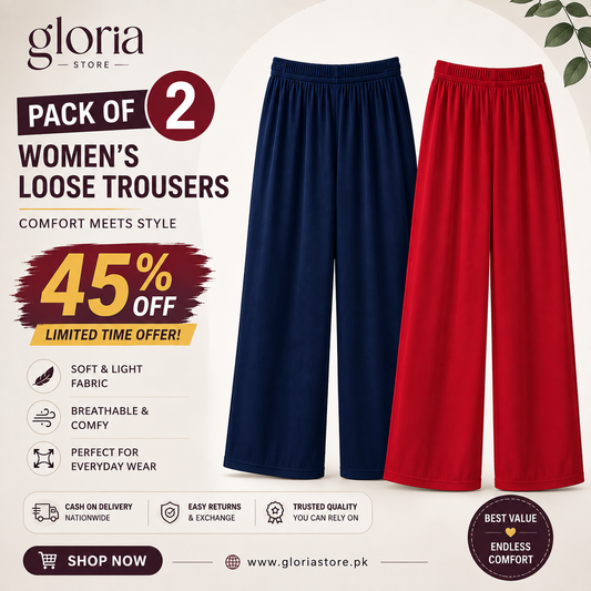 Pack of 2 — Women's Loose Trousers (Navy Blue & Red)