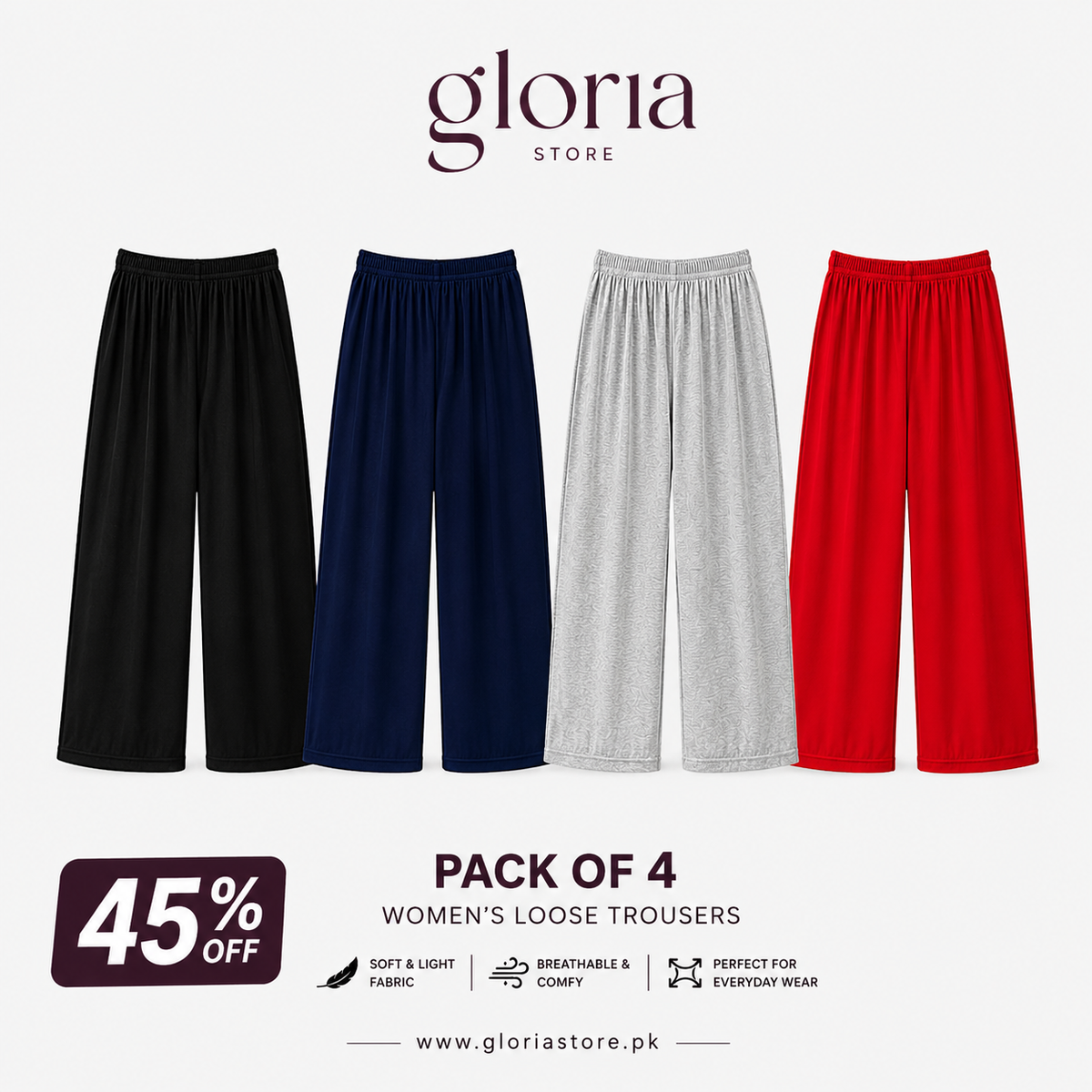 Pack of 4 Women's Loose Trousers - Black, Navy, Grey, Red