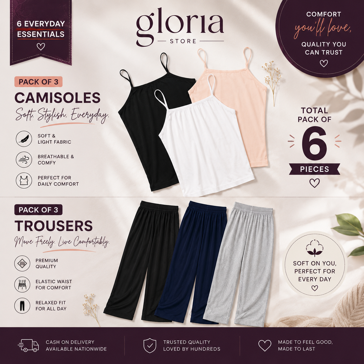 Pack of 6 — 3 Trousers + 3 Camisoles Combo (Black, Navy, Grey)