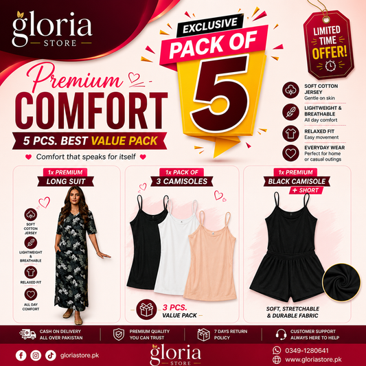 Gloria Store Premium Comfort 5 Pcs Combo - Long Suit, Camisole Pack, Camiset Short Set