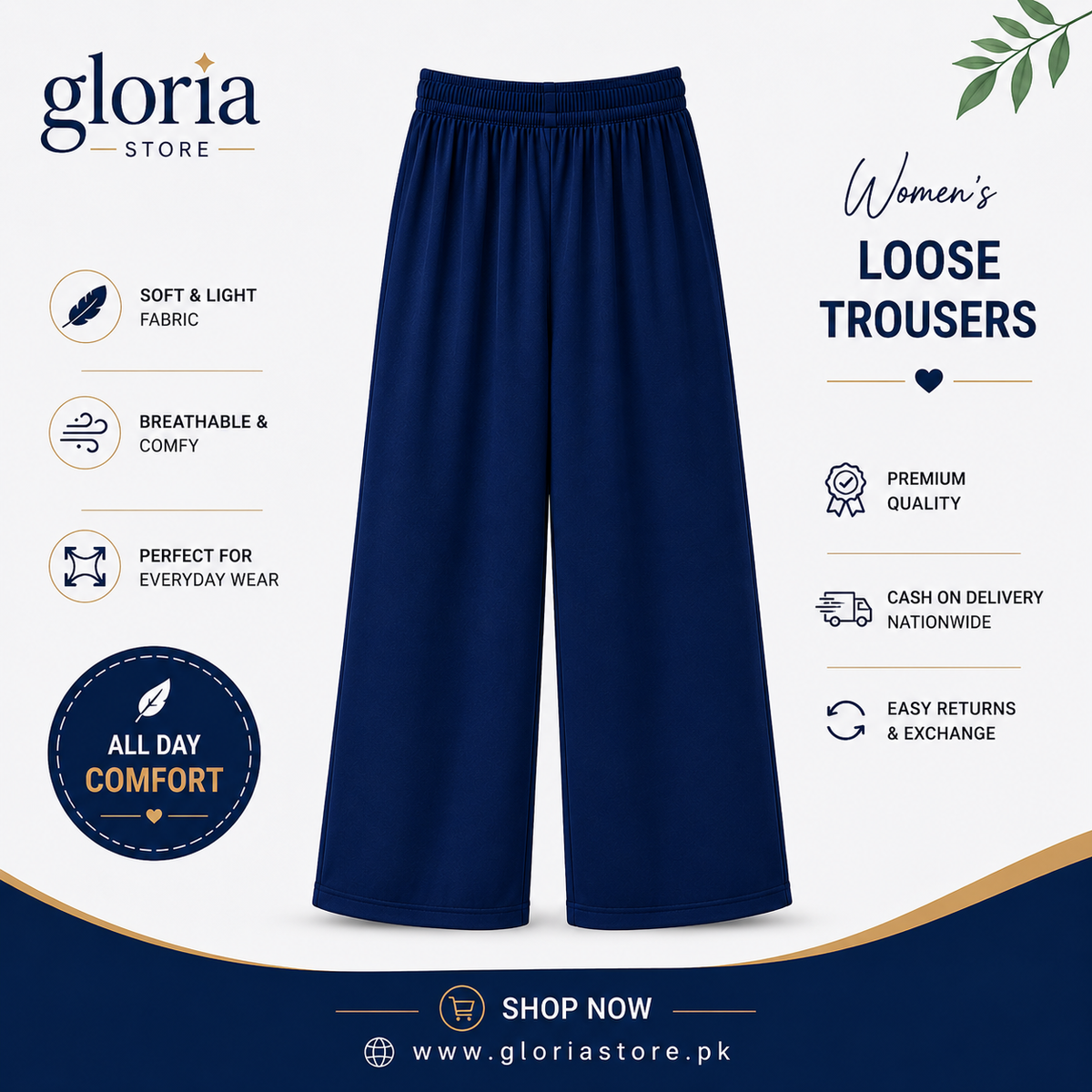 Wide Leg Comfort Trouser – Navy Blue
