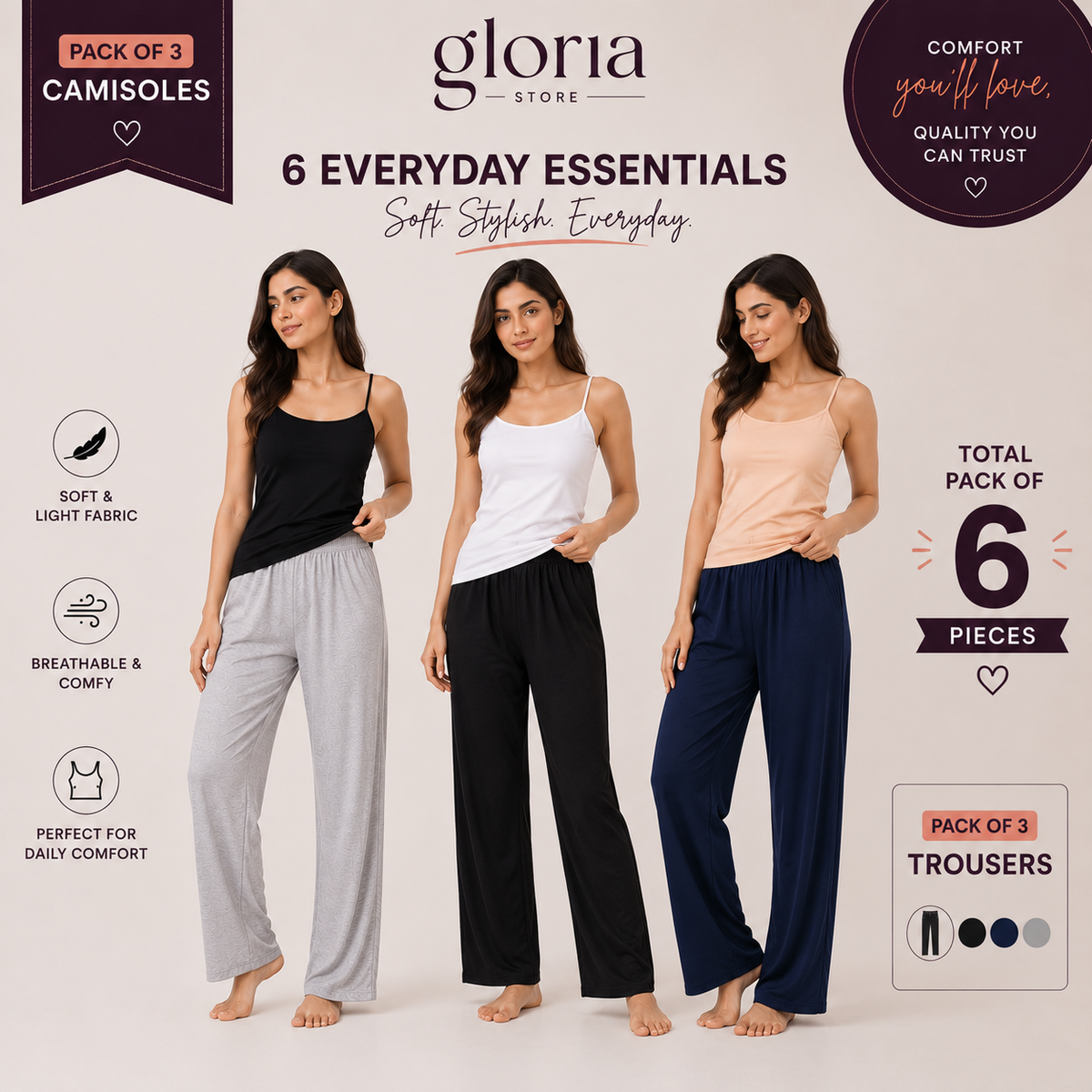 Pack of 6 — 3 Trousers + 3 Camisoles Combo (Black, Navy, Grey)