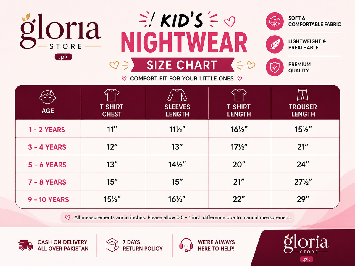 Kids Nightwear Size Chart - Gloria Store