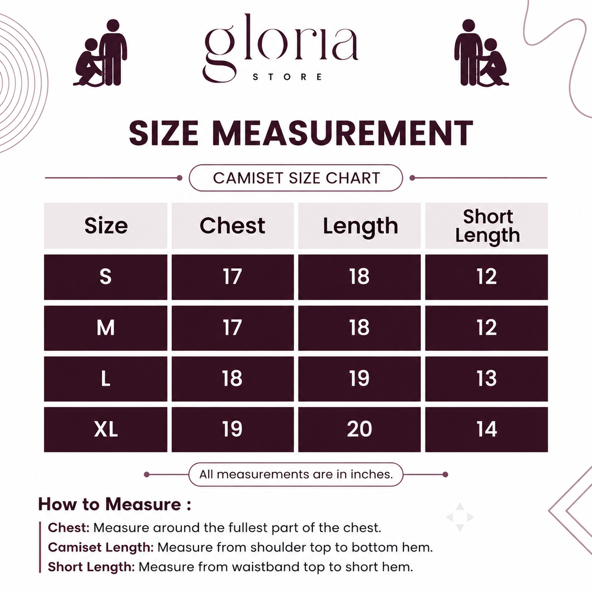 Camiset Size Chart