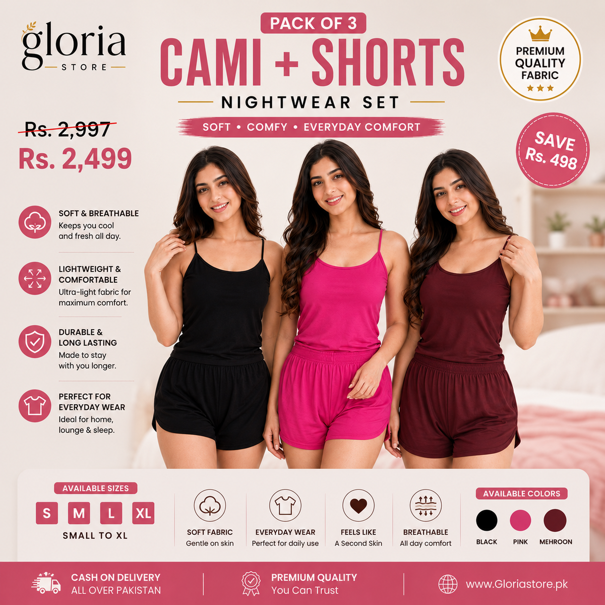 Camiset Pack of 3 (Black + Hot Pink + Mehroon)