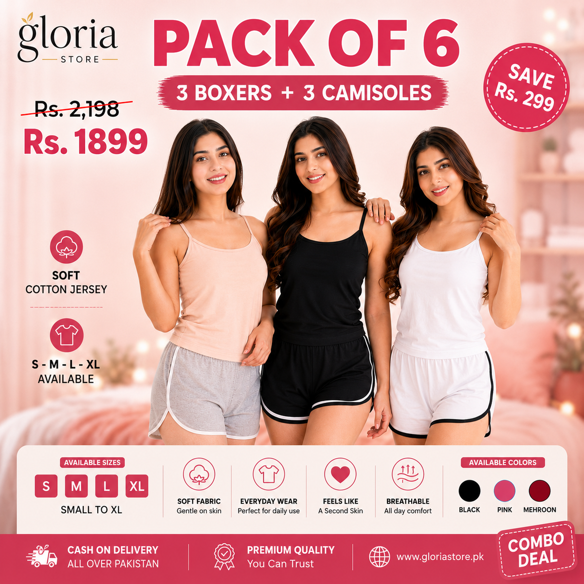 Boxer + Camisole Combo Pack of 6 (3 Boxers + 3 Camisoles)