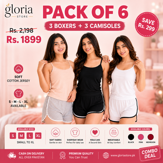 Boxer + Camisole Combo Pack of 6 (3 Boxers + 3 Camisoles)