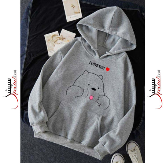 Grey I Love Panda Printed Hoodie