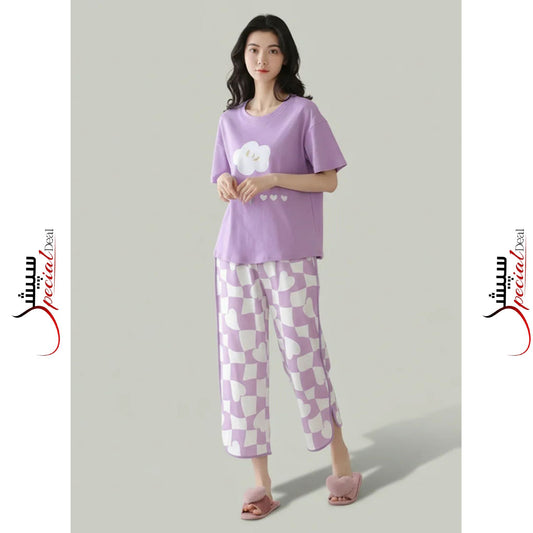 Purple Flower Printed Shirt Half Sleeves and Purple Printed Trouser Night Wear.