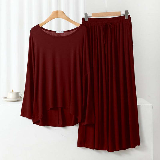 Plain Mehroon Round Neck Frill Sleeves Night Wear