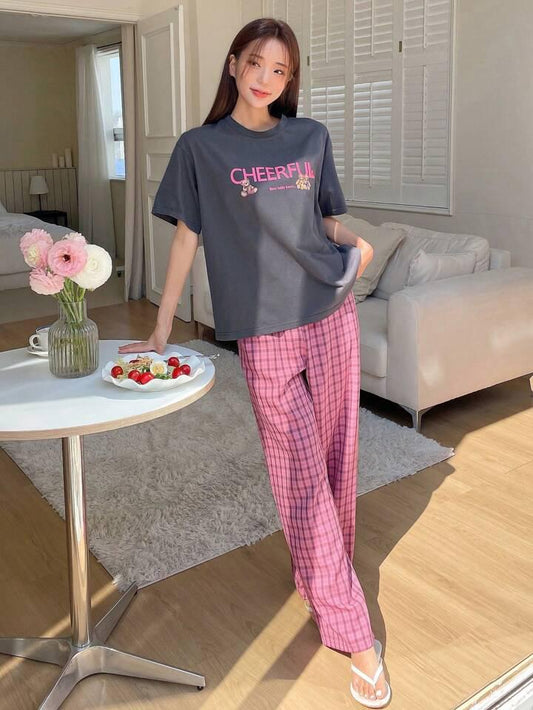 Grey Cheerful Printed Half Sleeves Shirt And Pink Trouser Night Wear.